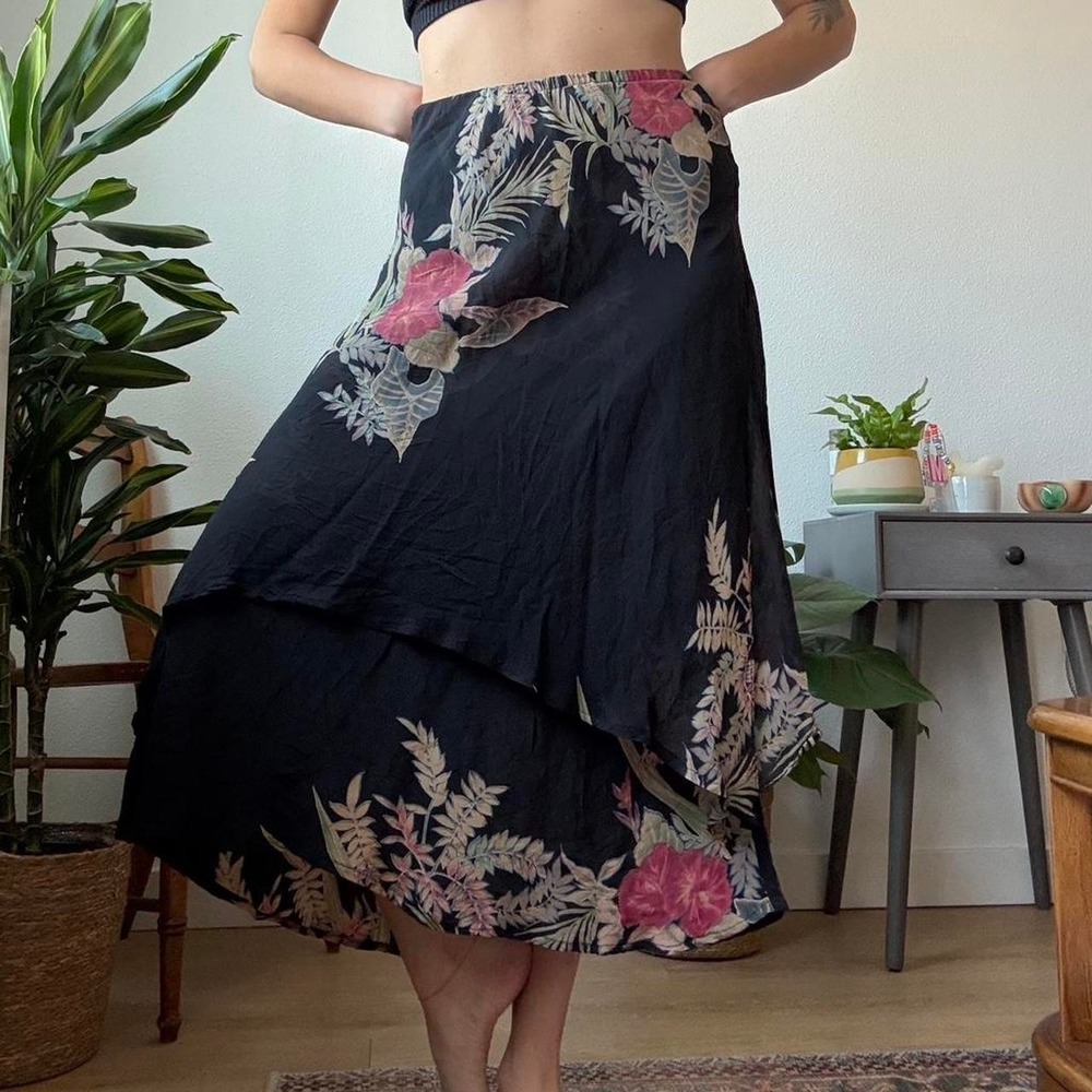Vintage 90s silk tropical floral asymmetrical midi skirt Gala Collection size M